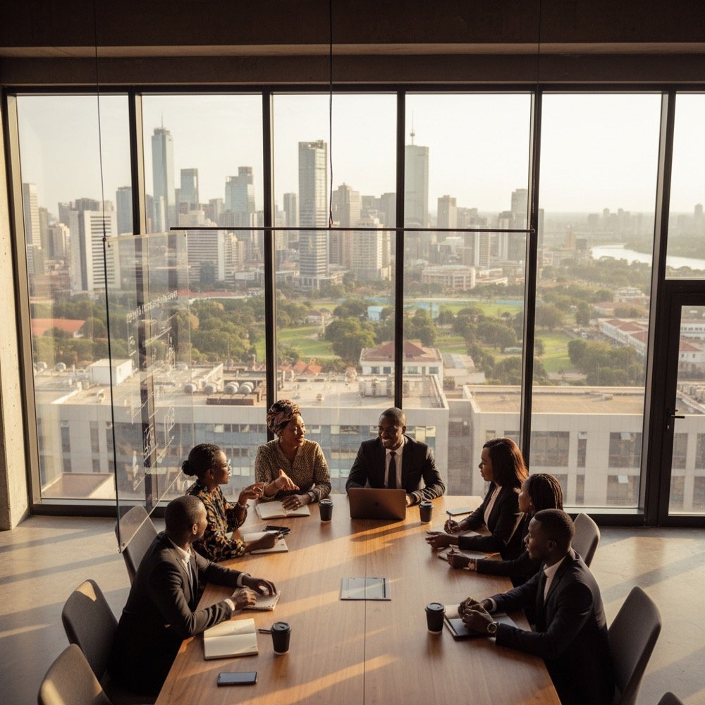 African business professionals in discussion around a boardroom table